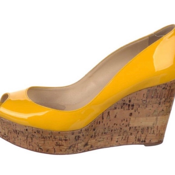 Christian Louboutin Yellow Peep-Toe Wedge Sandals - Picture 2 of 5